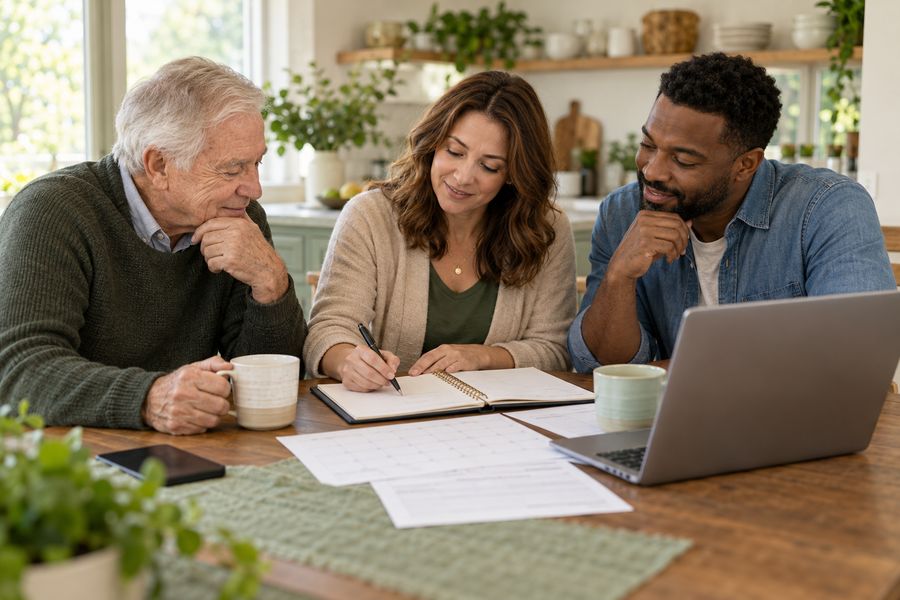 An older man and two adult family members reviewing a care plan and calendar at a kitchen table
