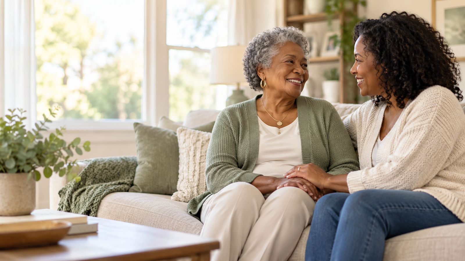 An older woman and her adult daughter smiling together on a sofa at home